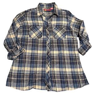 BTC Women's Blue Plaid Flannel Button Down Shirt Size Large Roll Tab Sleeve